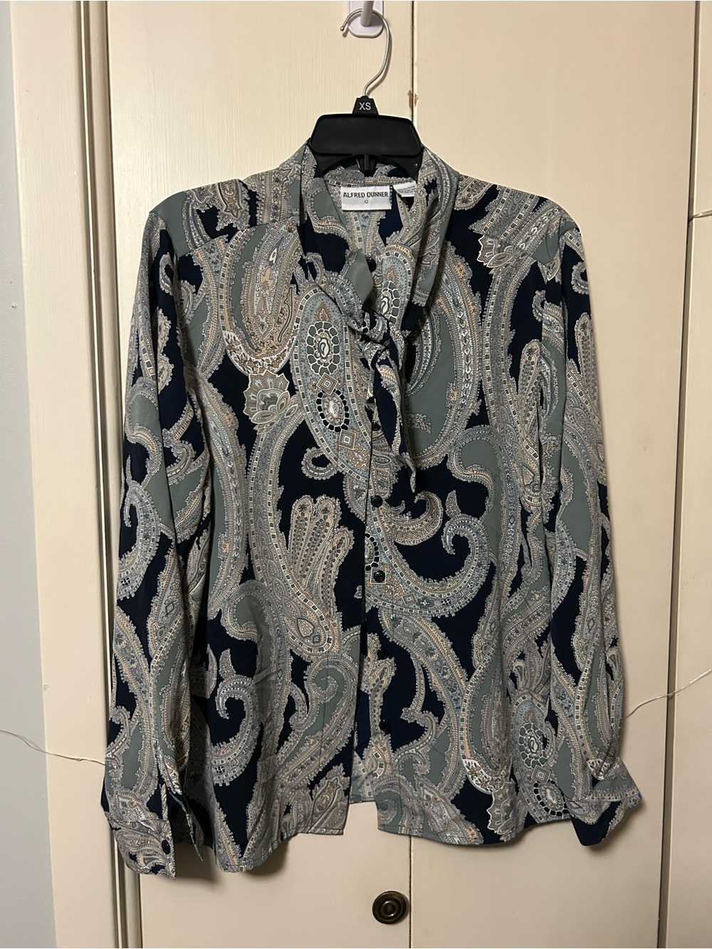 Alfred Dunner Navy and Gray Paisley Tie-Neck Blouse